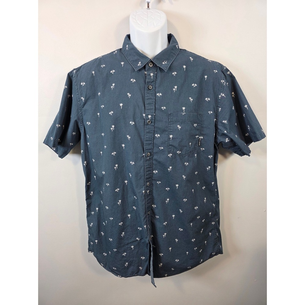 Billabong Mens XL Navy Blue Palm Tree Short Sleeve Cotton Button Down Shirt